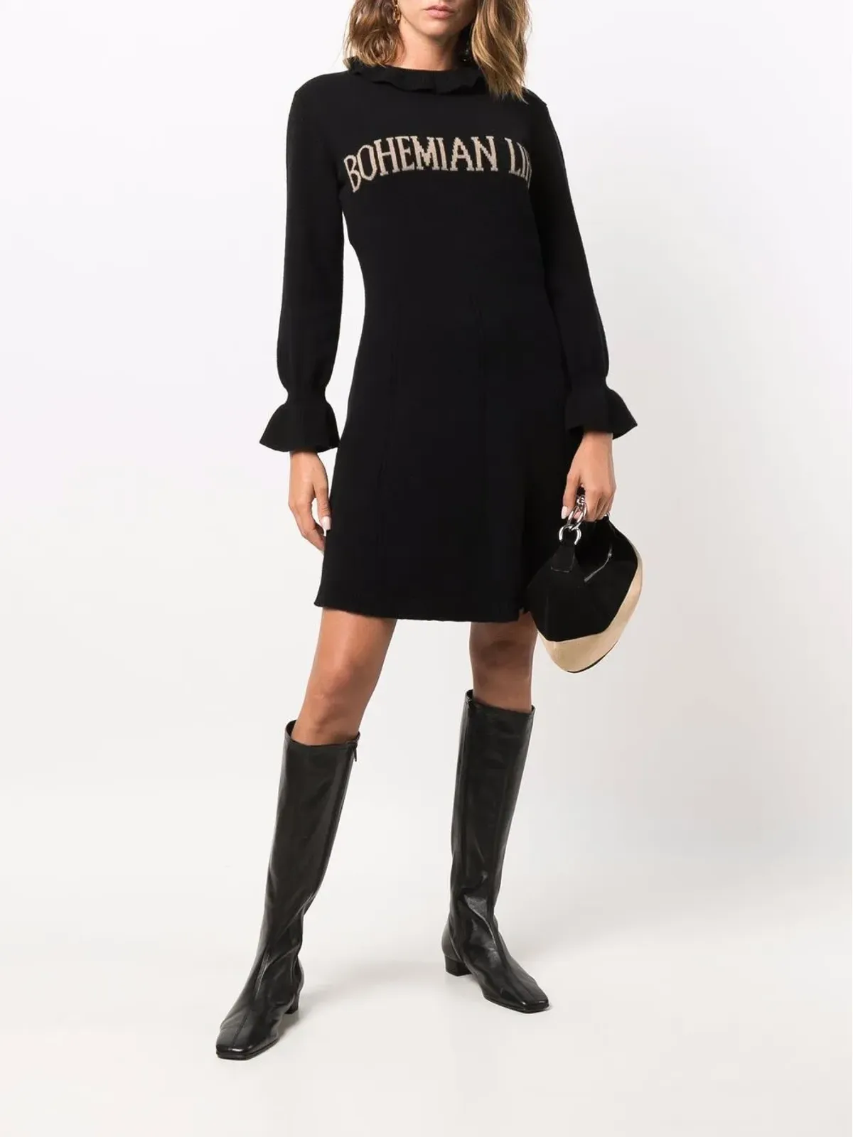 Alberta Ferretti ボヘミアンライフ インターシャ編みドレス（ブラック） - 画像2