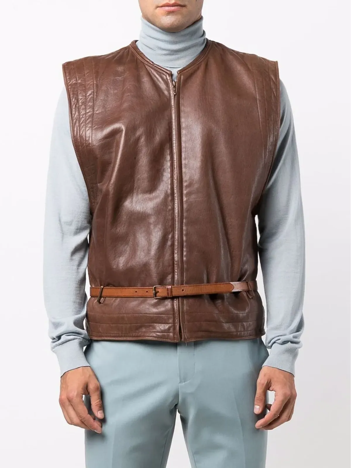 Versace Pre-Owned ベルト付きレザーウェストコート（ブラウン） - 画像3