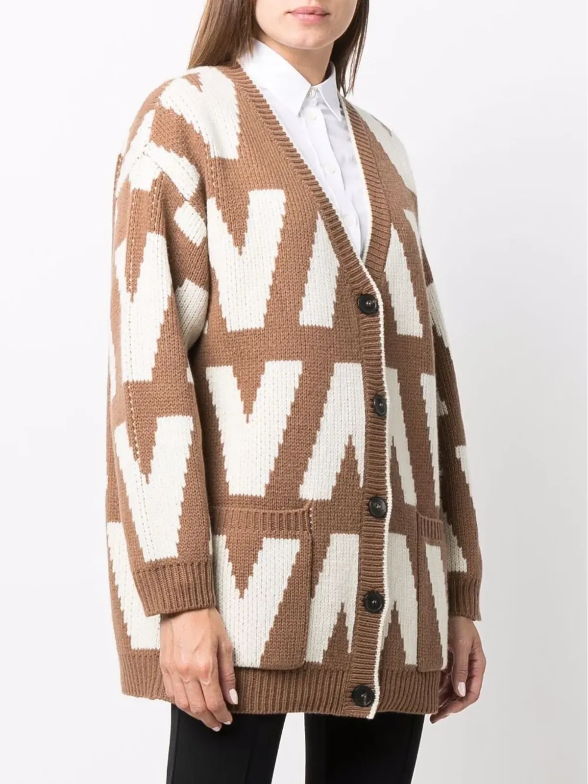 Valentino Garavani logo-intarsia virgin wool cardigan - Brown - 画像3