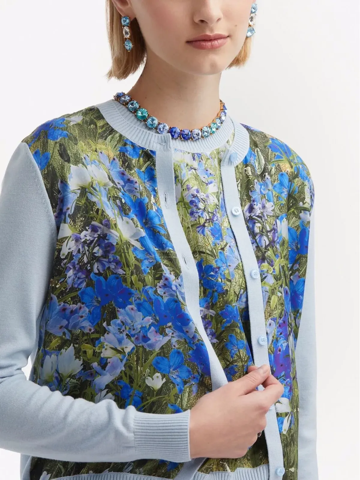 Oscar de la Renta 水彩画風プリント カーディガン ブルー - 画像5