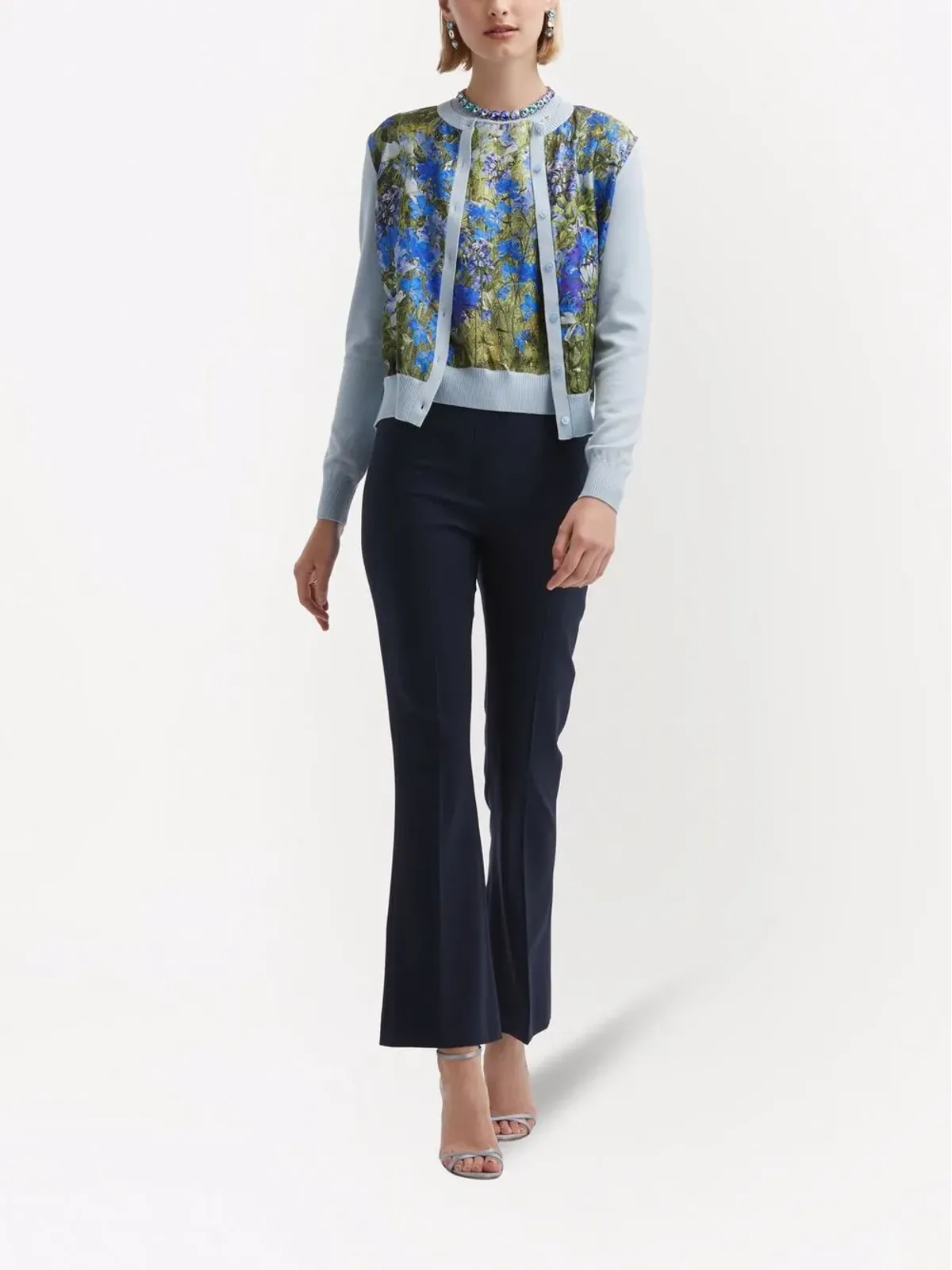 Oscar de la Renta 水彩画風プリント カーディガン ブルー - 画像2