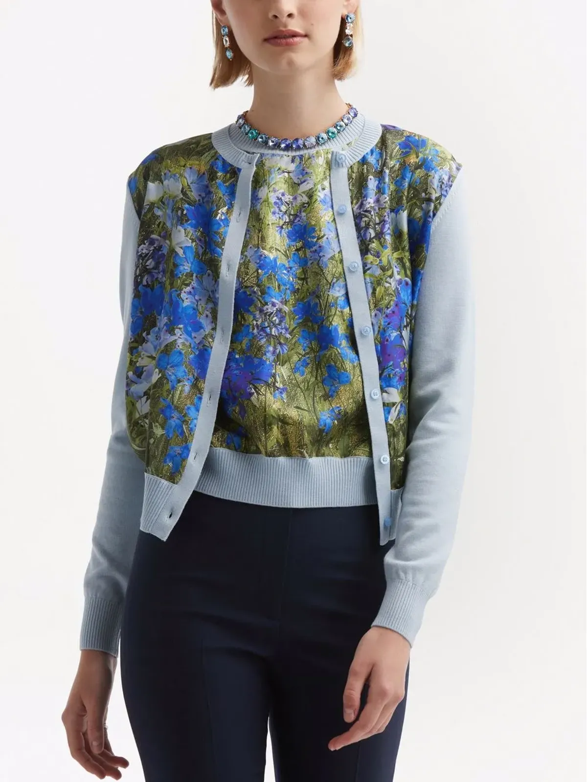 Oscar de la Renta 水彩画風プリント カーディガン ブルー - 画像3