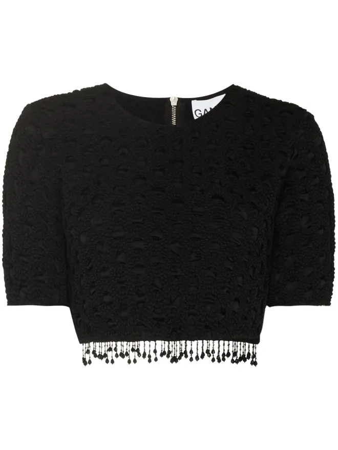 Ganni GANNI ビーズ付きタッセル クロシェ編み クロップトップ ブラックの商品画像