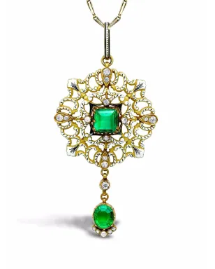 Pragnell Vintage 18K イエローゴールド カルロ＆アーサー・ジュリアーノ エメラルドとダイヤモンド エナメル ペンダント ネックレス - サムネイル1