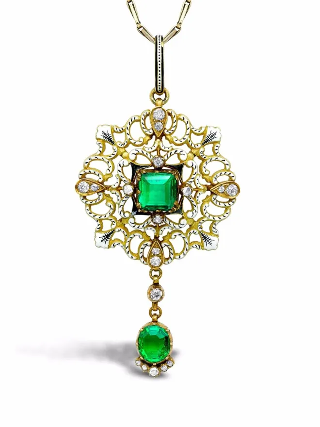 Pragnell Vintage Pragnell Vintage 18K イエローゴールド カルロ＆アーサー・ジュリアーノ エメラルドとダイヤモンド エナメル ペンダント ネックレスの商品画像