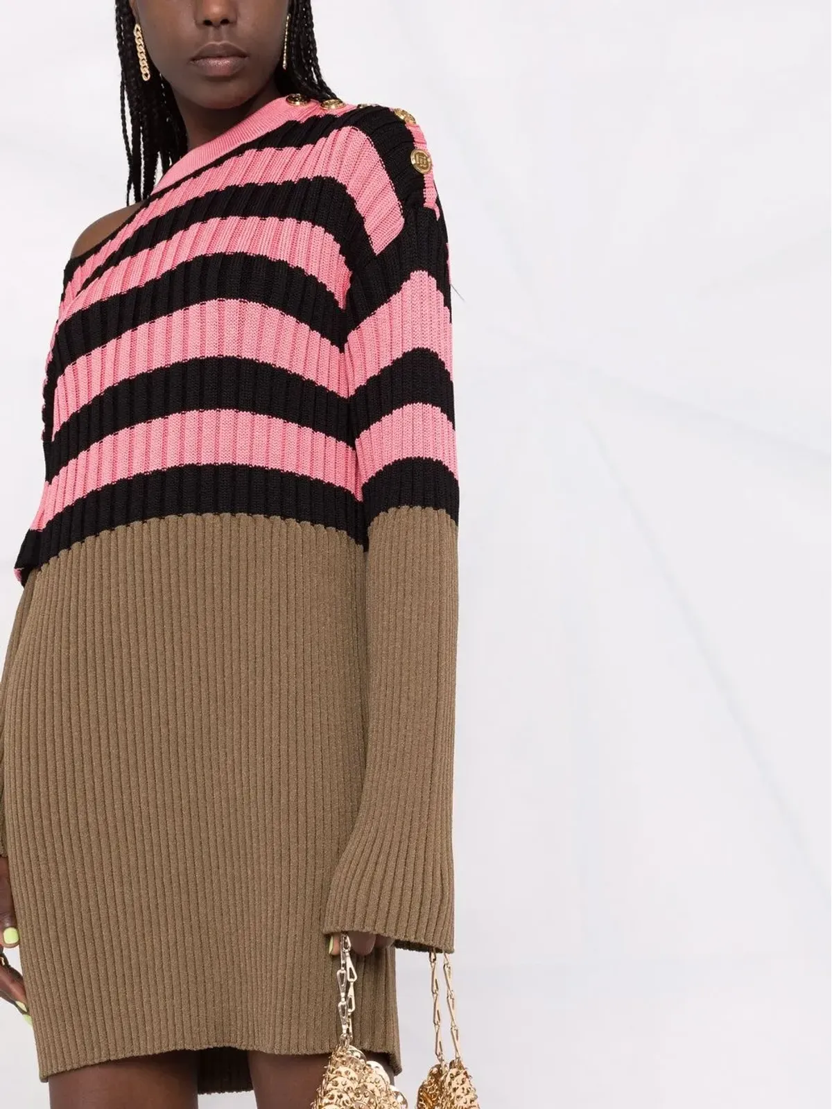 Balmain ストライプカラー・ブロックリブニットワンピース（ピンク） - 画像5