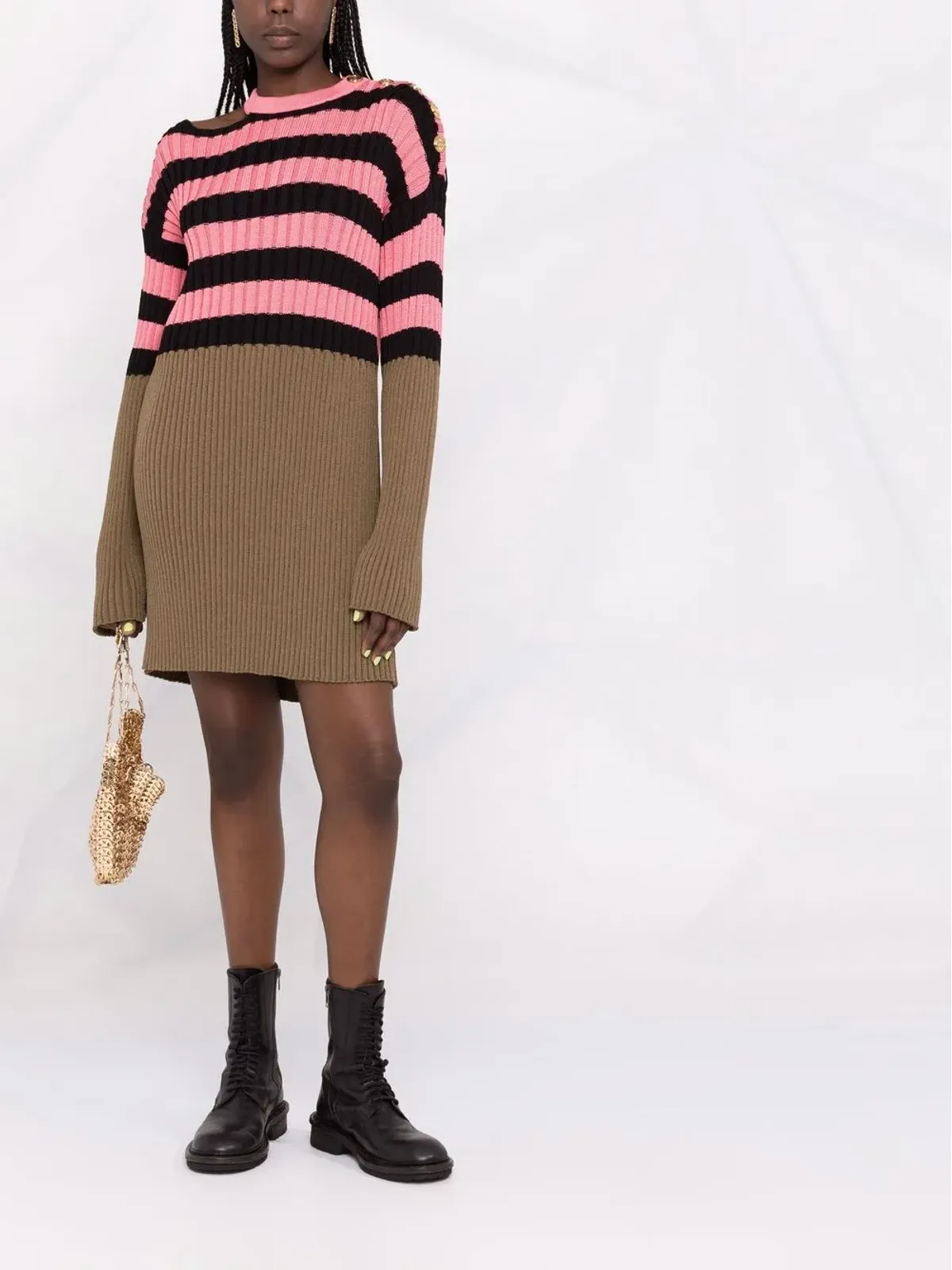Balmain ストライプカラー・ブロックリブニットワンピース（ピンク） - 画像2