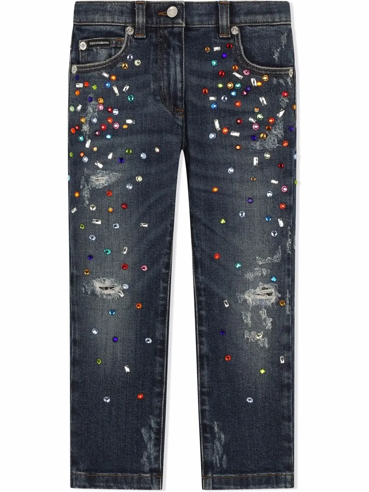 Dolce & Gabbana Kids ビーズ装飾ダメージ加工デニムジーンズ - Blue - 画像1