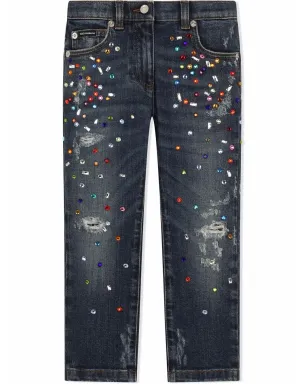 Dolce & Gabbana Kids ビーズ装飾ダメージ加工デニムジーンズ - Blue - サムネイル1