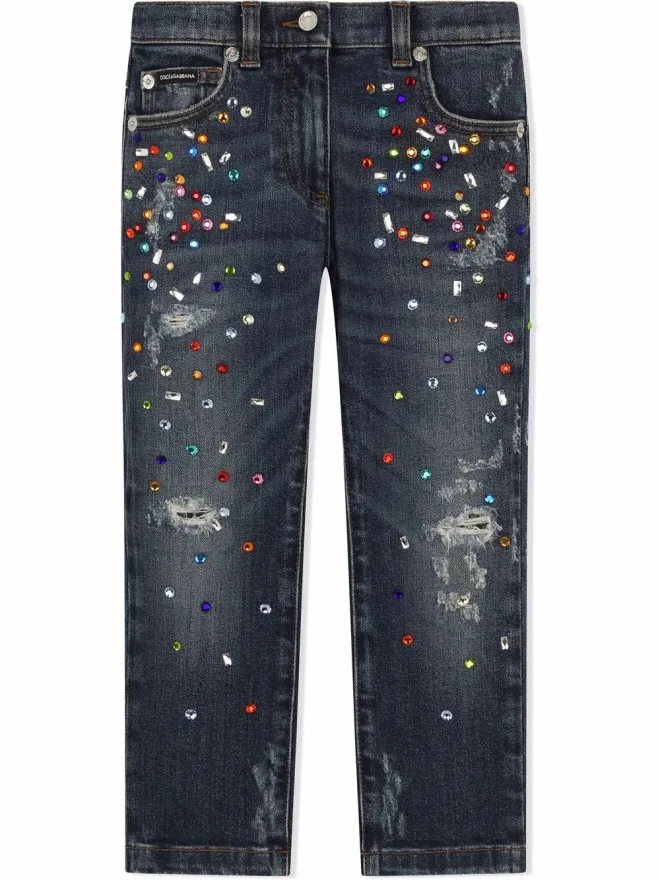 Dolce & Gabbana Kids Dolce & Gabbana Kids ビーズ装飾ダメージ加工デニムジーンズ - Blueの商品画像