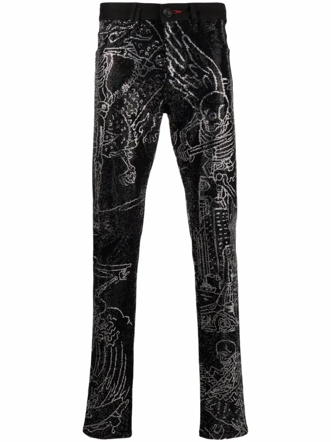Philipp Plein Philipp Plein スケルトンタトゥー ストレートジーンズ ブラックの商品画像