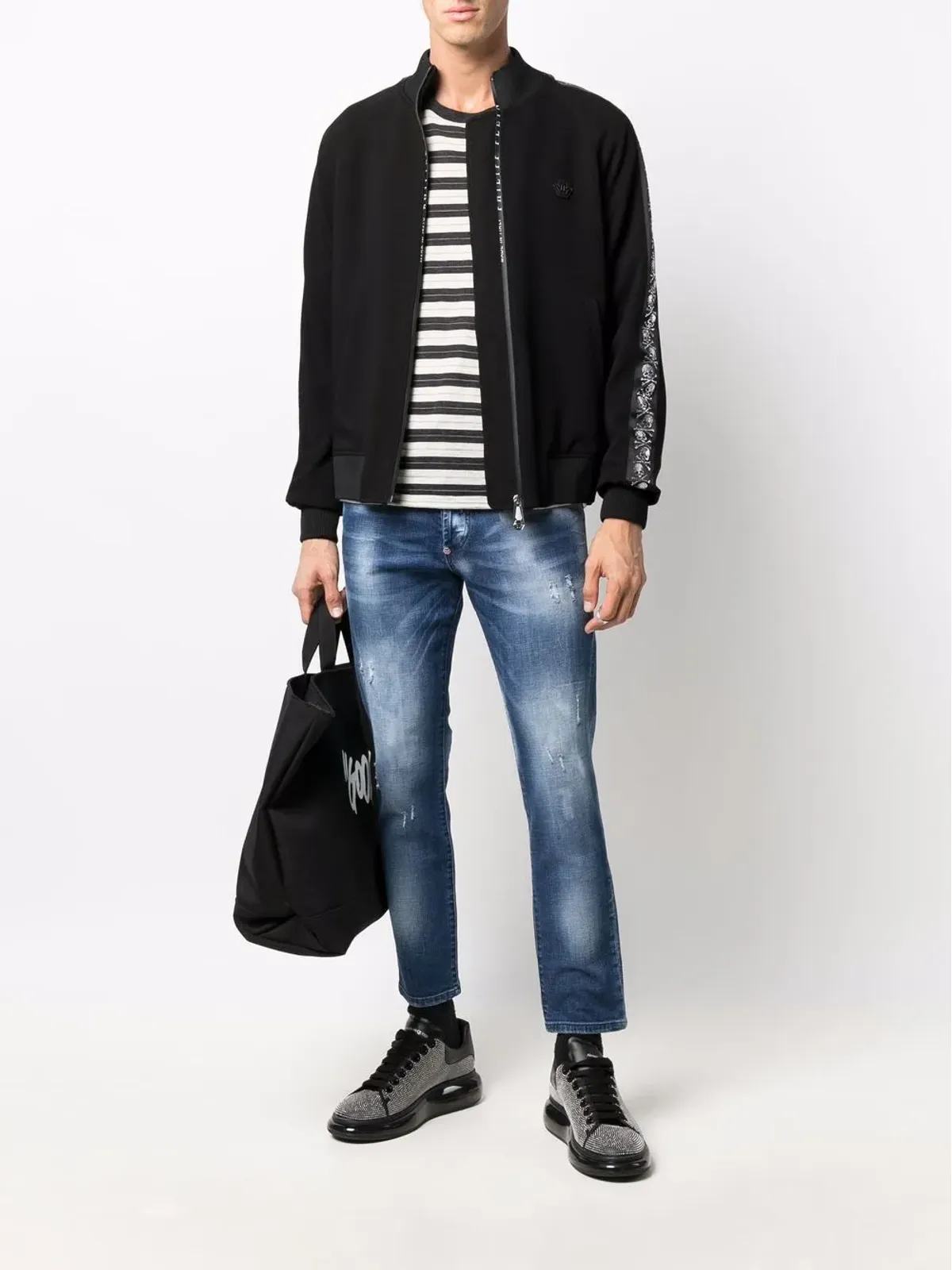 Philipp Plein スカルモチーフ・ストライプ ボンバージャケット - 画像2