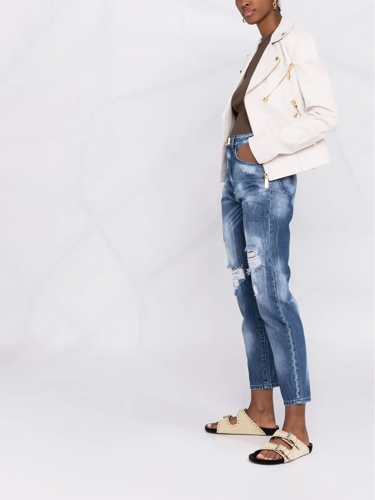 Philipp Plein ハイライズ ダメージ加工 クロップドジーンズ - ブルー - 画像4