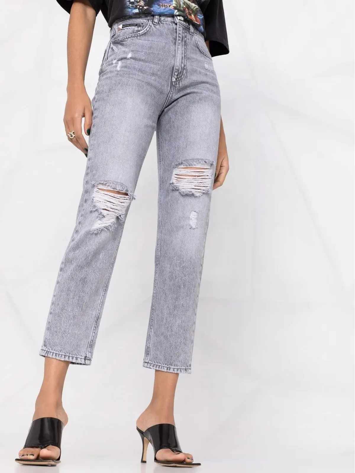 Philipp Plein リップドクロップドジーンズ グレー - 画像5