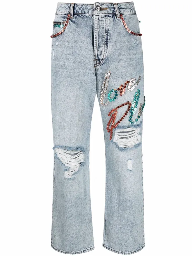 Philipp Plein Philipp Plein スタッズ付き ワイドレッグデニムジーンズ ブルーの商品画像