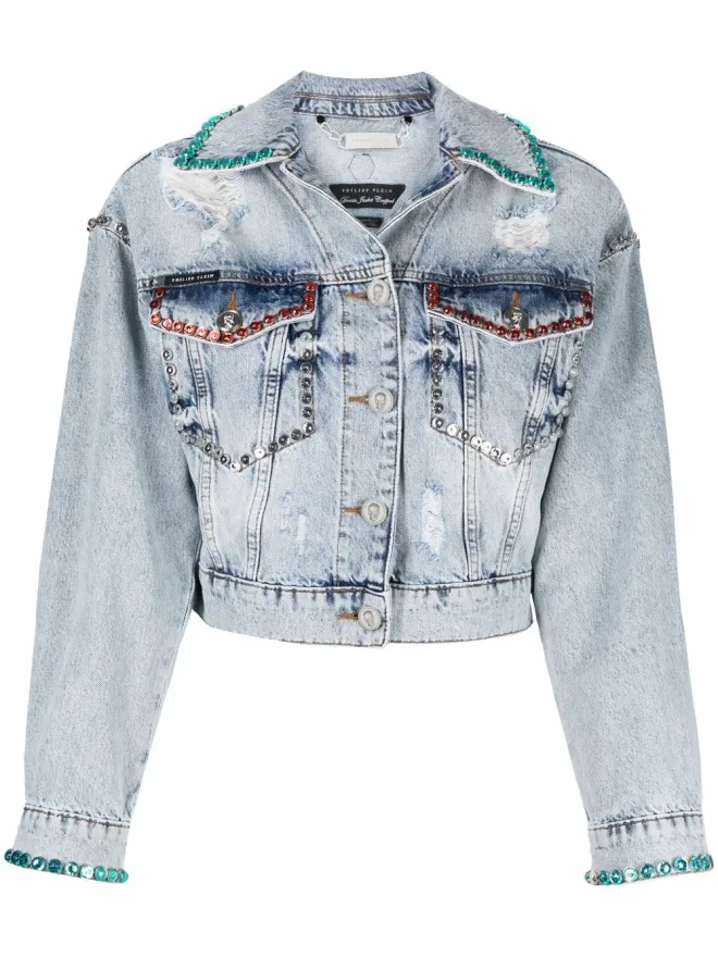 Philipp Plein Philipp Plein クリスタル装飾付きダメージデニムジャケットの商品画像