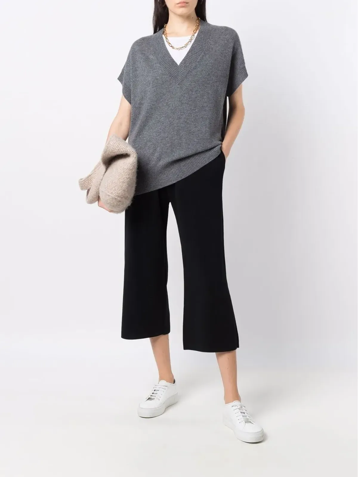 Allude クロップド ワイドレッグ ウールパンツ ブラック - 画像2
