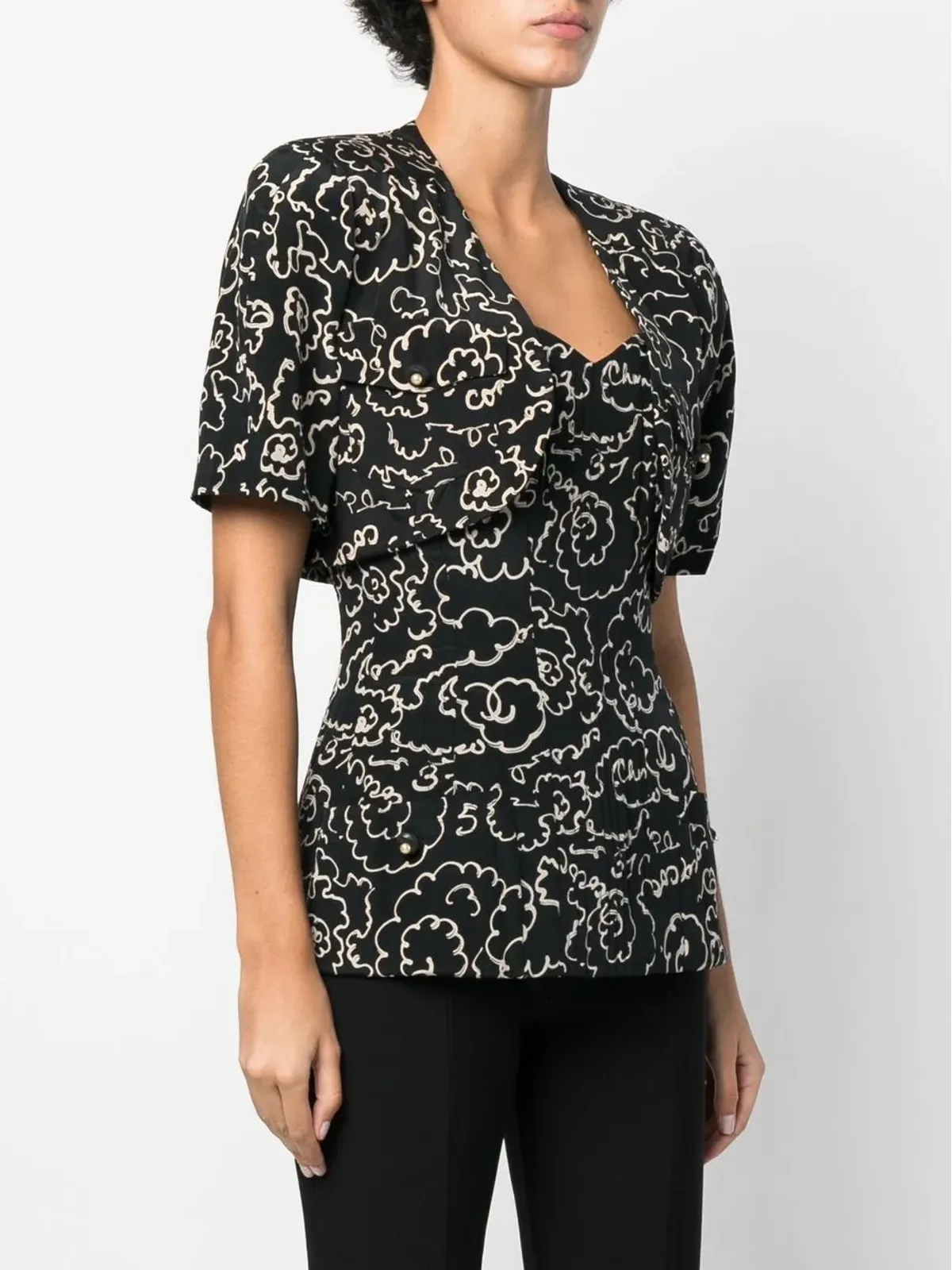 CHANEL Pre-Owned 1993 camélia print short-sleeved blouse - Black - 画像3