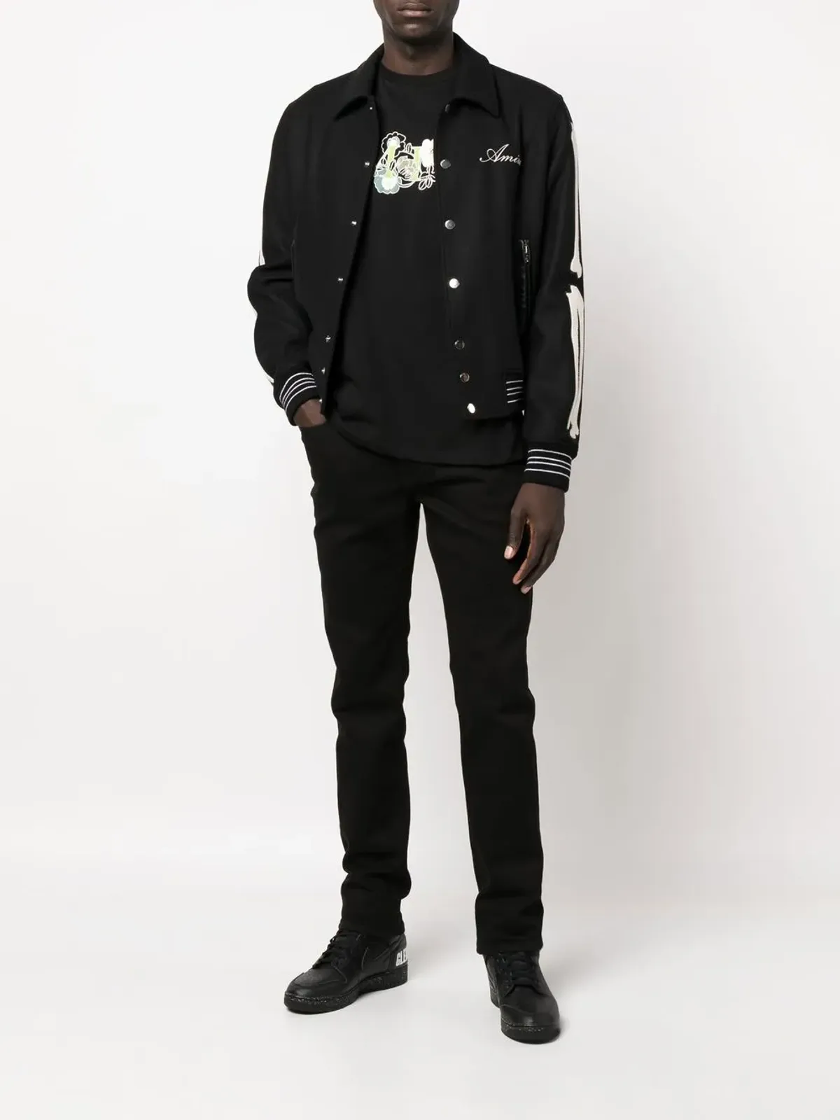 AMIRI ボーンズ ヴァーシティ アップリケ ウール混紡 ボンバー ジャケット - 画像2