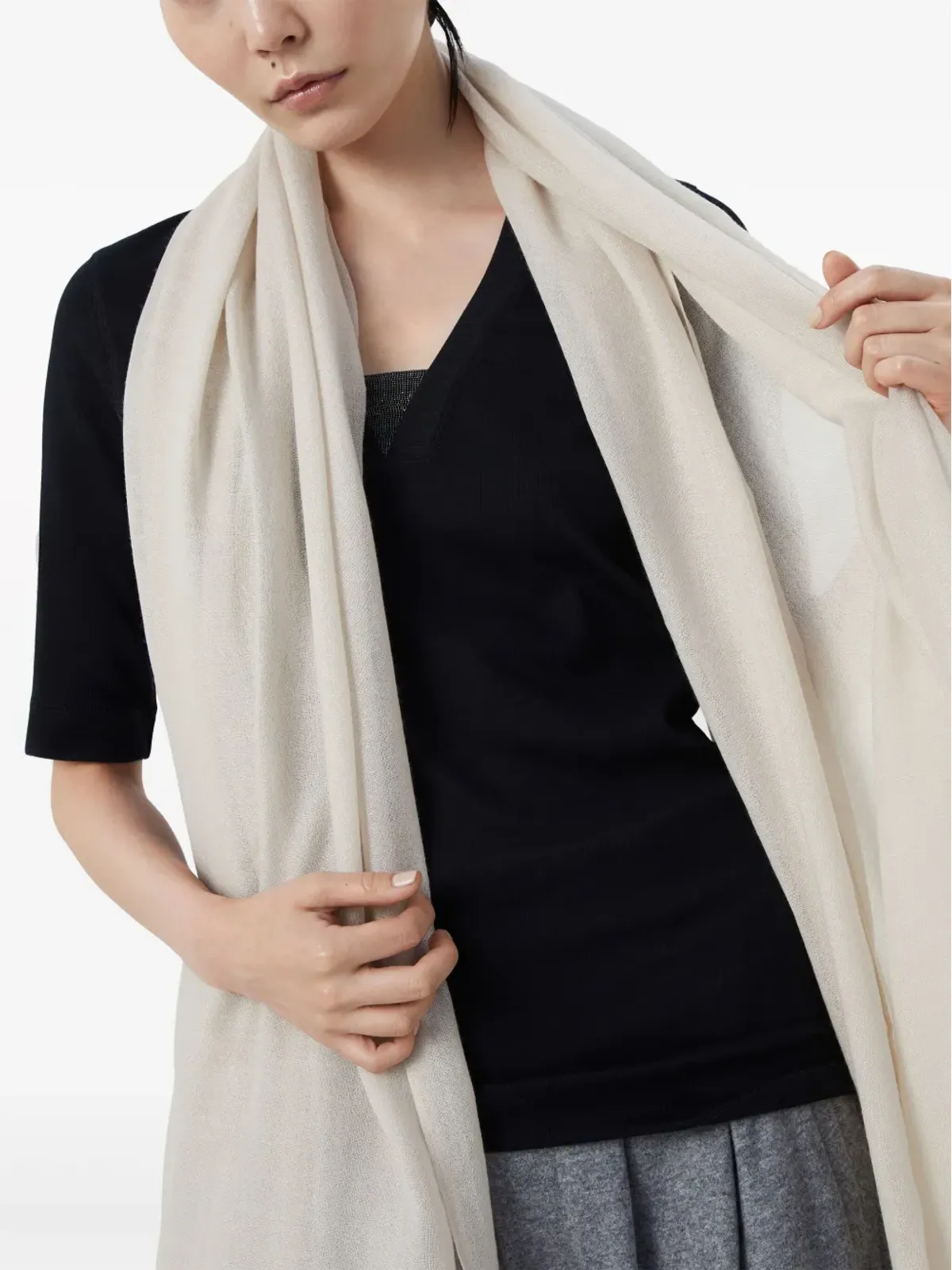 Brunello Cucinelli ファインニット フリンジスカーフ - 画像5