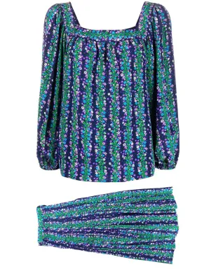 Saint Laurent Pre-Owned 1970s floral-print silk blouse-skirt set - ブルー - サムネイル1