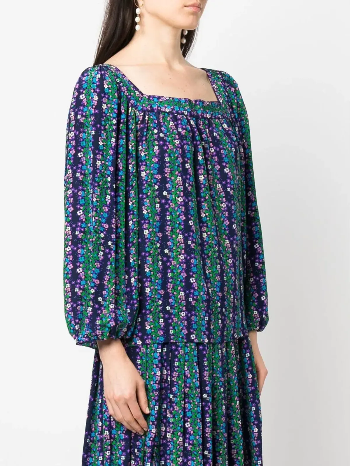 Saint Laurent Pre-Owned 1970s floral-print silk blouse-skirt set - ブルー - 画像3