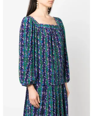 Saint Laurent Pre-Owned 1970s floral-print silk blouse-skirt set - ブルー - サムネイル3