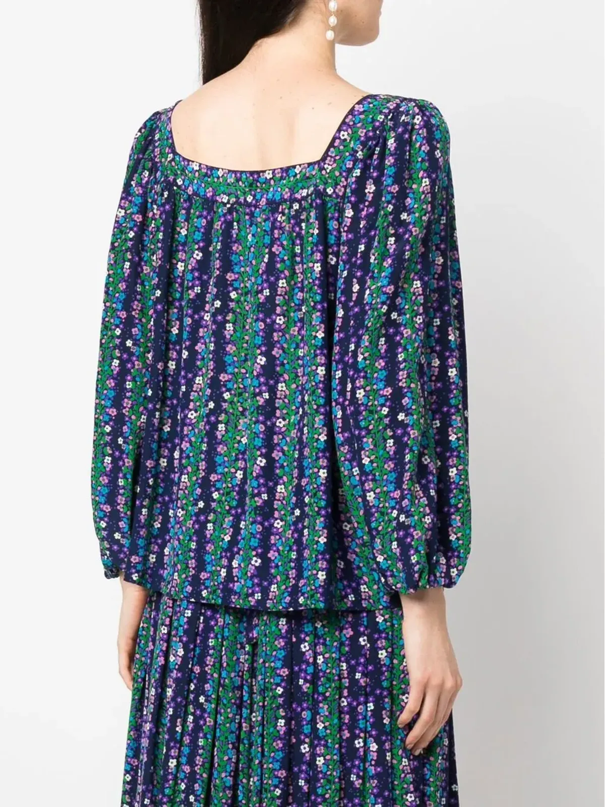 Saint Laurent Pre-Owned 1970s floral-print silk blouse-skirt set - ブルー - 画像4