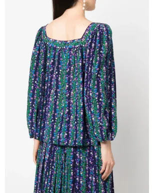 Saint Laurent Pre-Owned 1970s floral-print silk blouse-skirt set - ブルー - サムネイル4