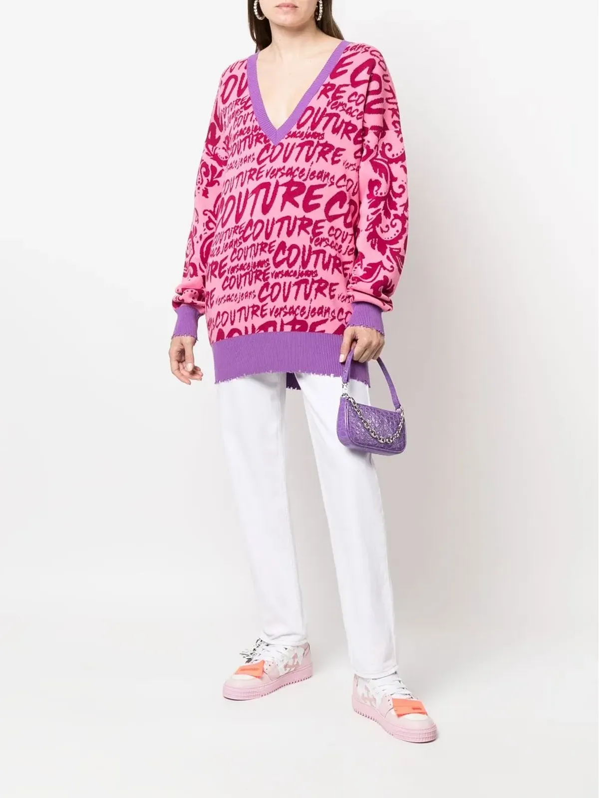 Versace Jeans Couture ロゴ入りインターシャ Vネック セーター - 画像2