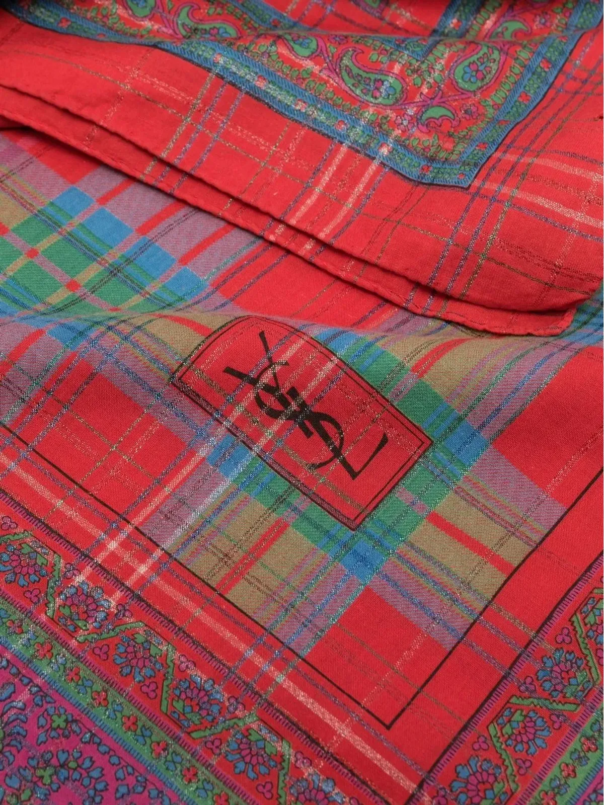 Saint Laurent Pre-Owned 1980年代 チェックペイズリープリント スカーフ - レッド - 画像4