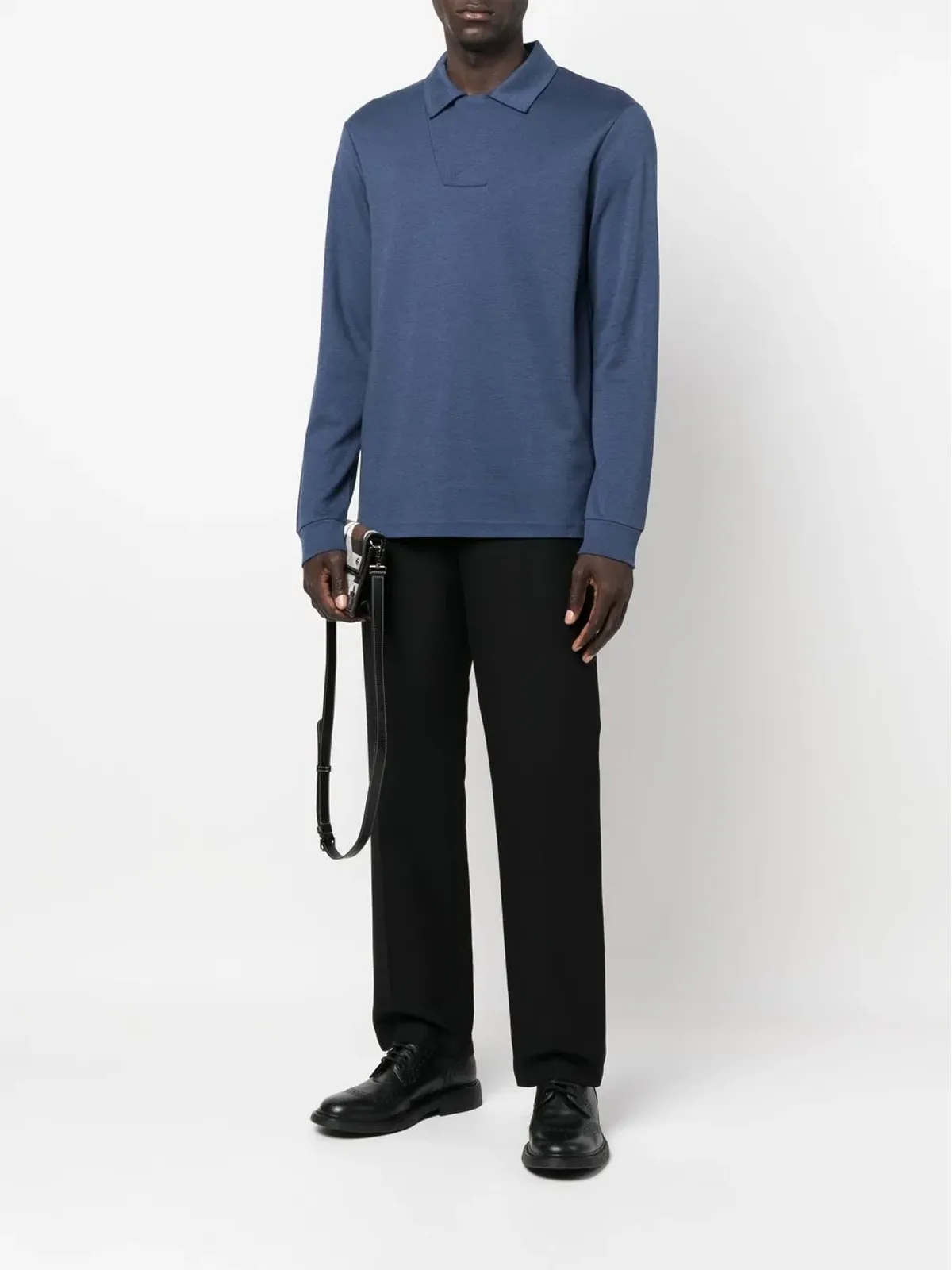 Giorgio Armani ロングスリーブ コットンブレンド ポロシャツ - Blue - 画像2
