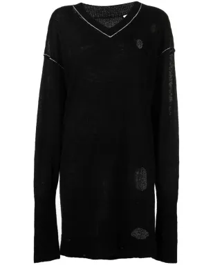 MM6 Maison Margiela ダメージ加工のVネックニット（ブラック） - サムネイル1