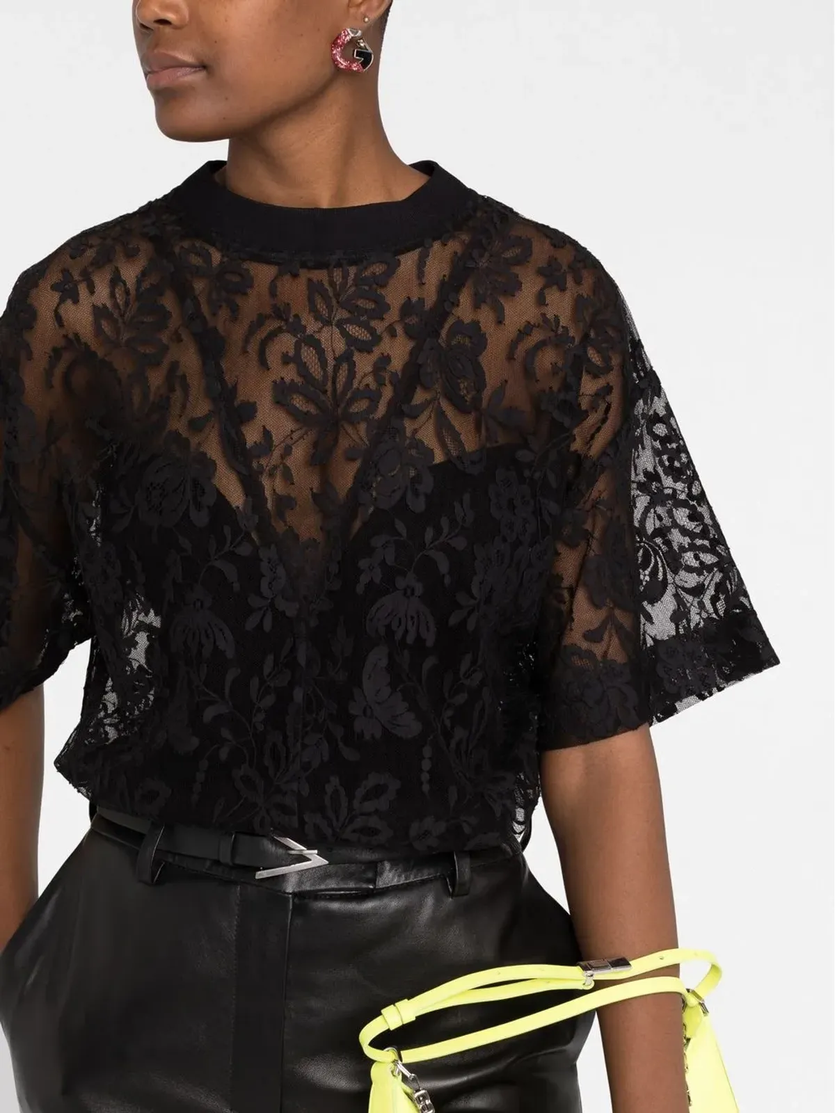 Alexander McQueen フローラルレース半袖トップ - ブラック - 画像5