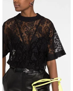 Alexander McQueen フローラルレース半袖トップ - ブラック - サムネイル5
