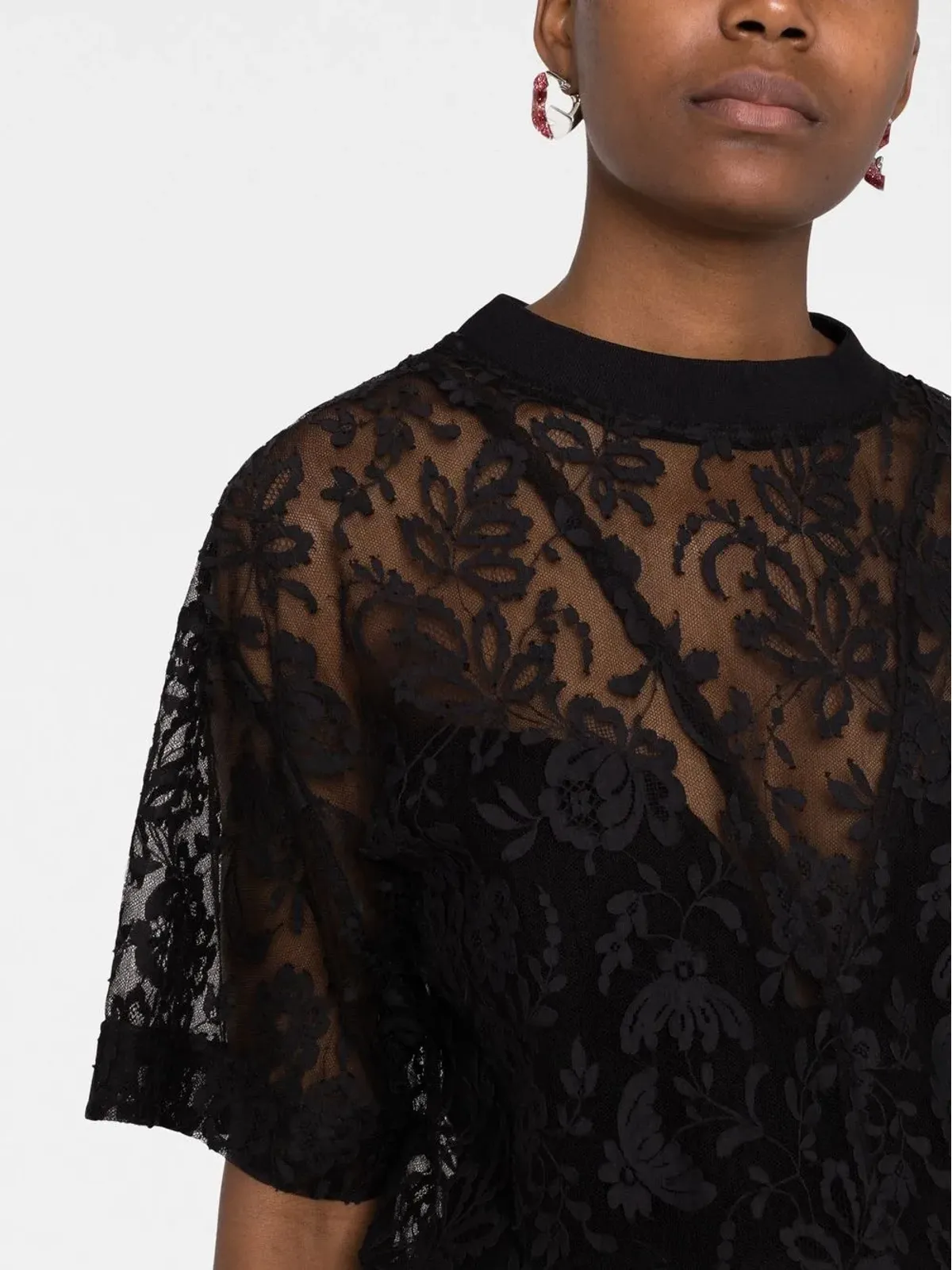 Alexander McQueen フローラルレース半袖トップ - ブラック - 画像3