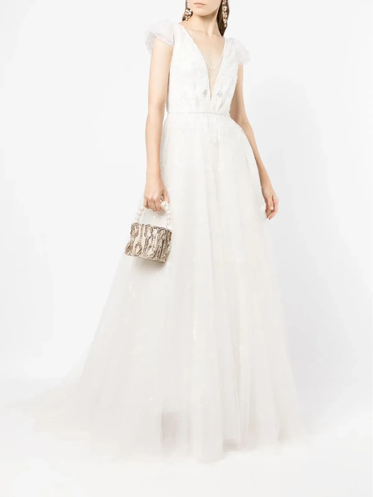 Jenny Packham ホワイトのチャーム付きスパンコール装飾チュールガウン - 画像2
