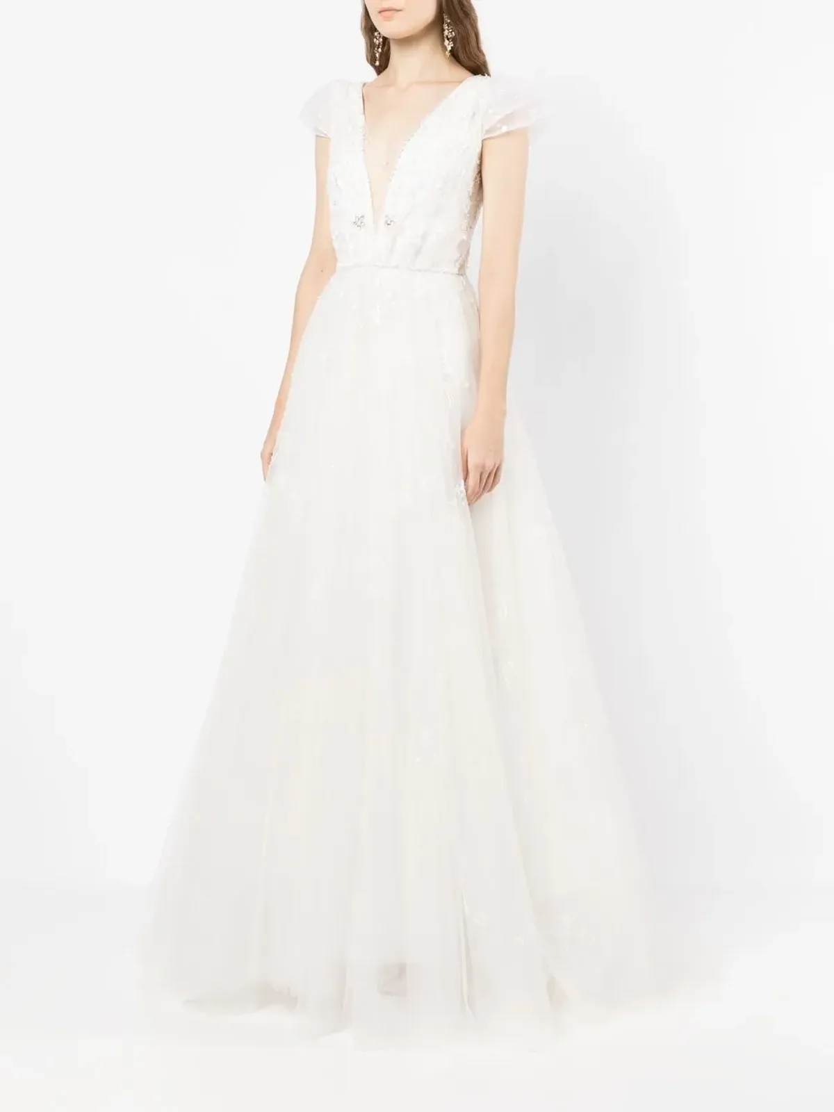 Jenny Packham ホワイトのチャーム付きスパンコール装飾チュールガウン - 画像3