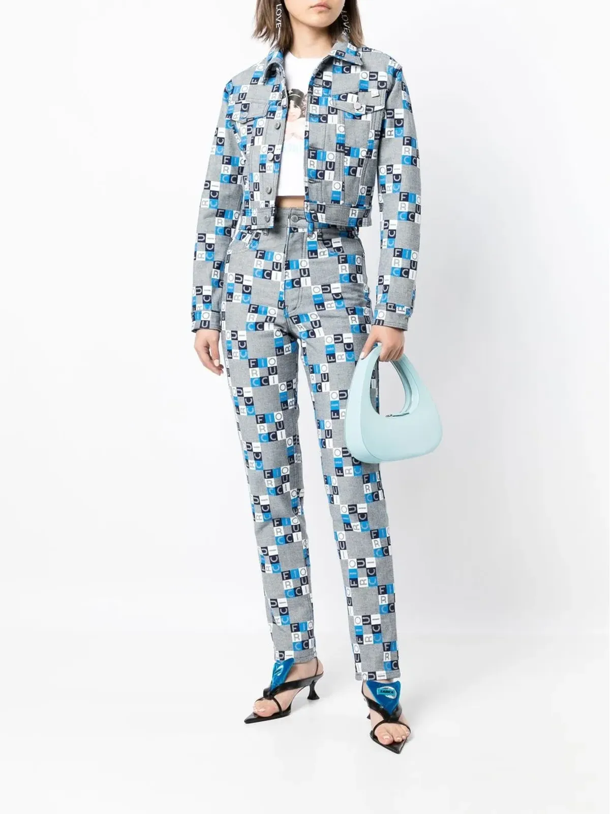 Fiorucci ロゴ入り クロップドジャケット ブルー - 画像2