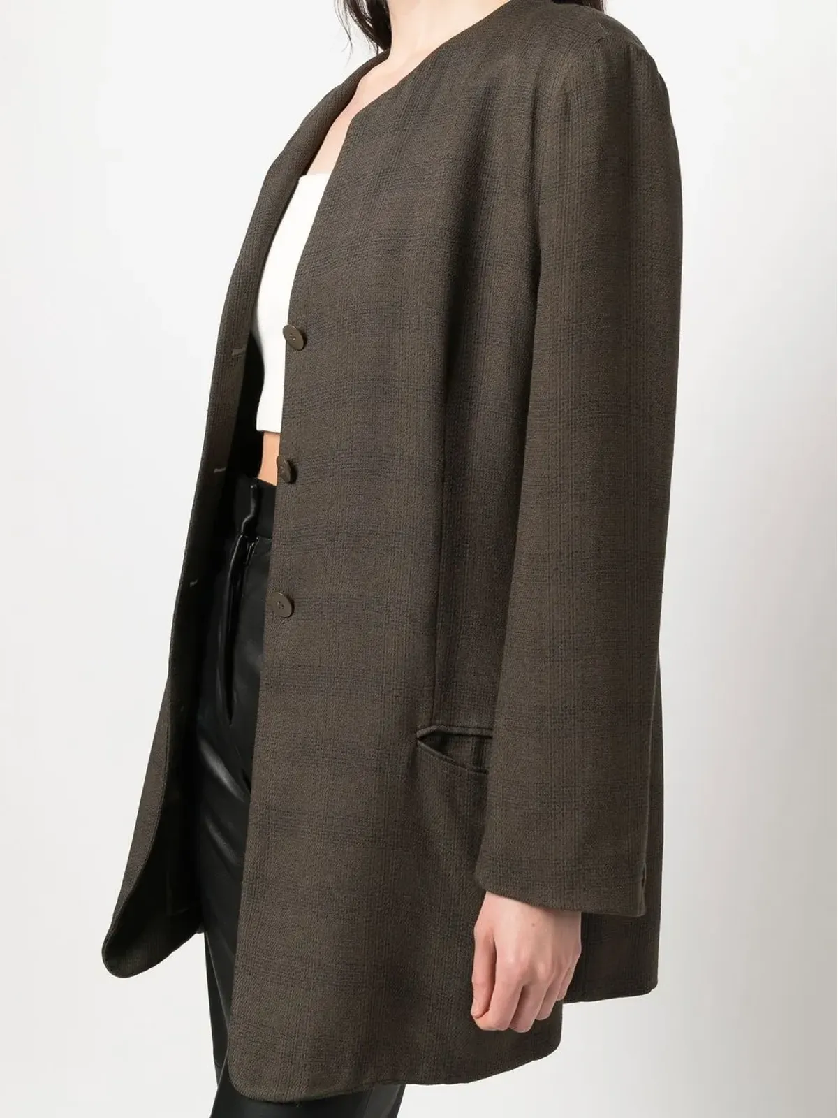 Giorgio Armani Pre-Owned ノーカラージャケット チェック柄 ブラウン - 画像5