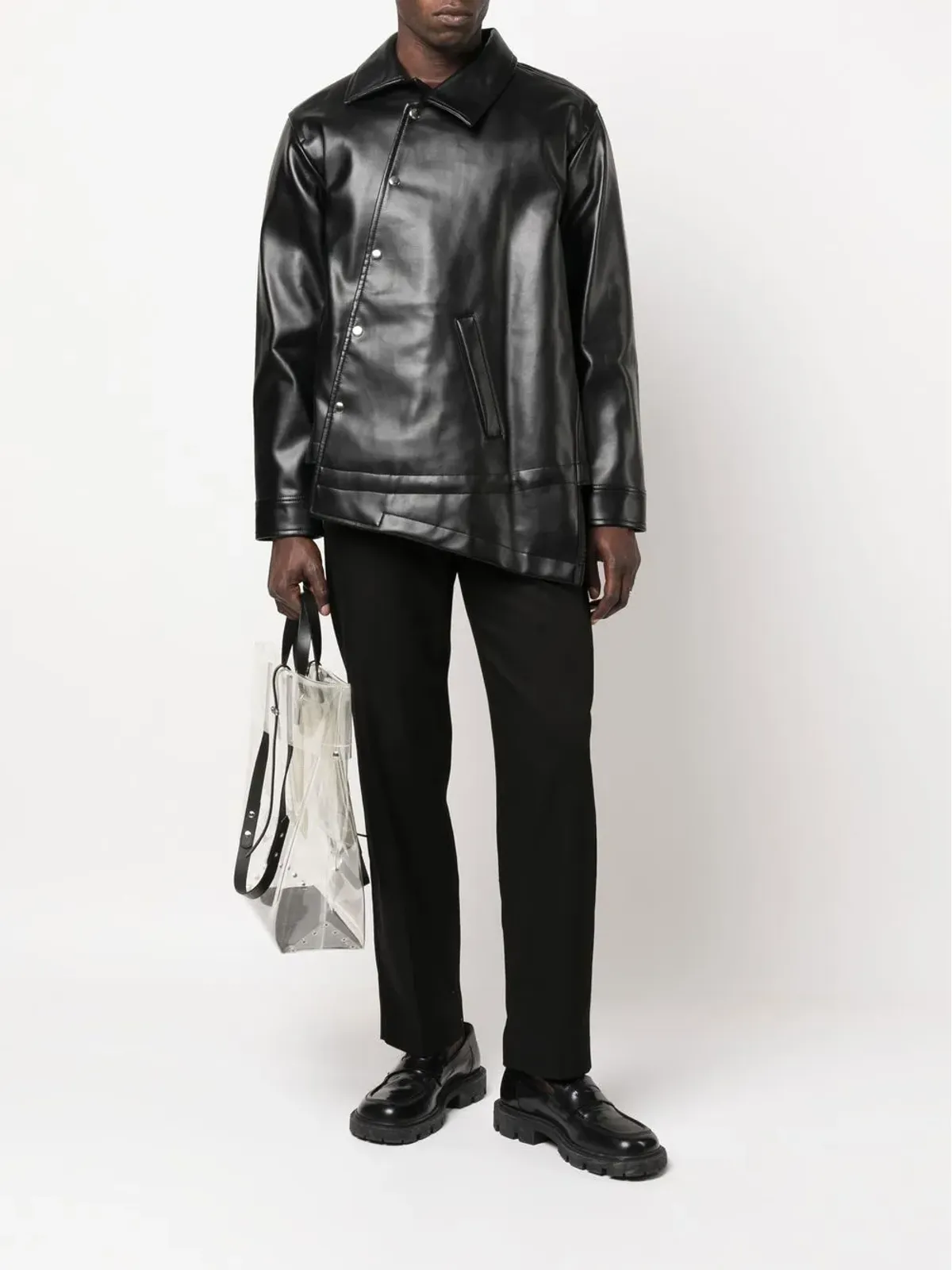 Black Comme Des Garçons アシンメトリーヘム人工皮革ジャケット - 画像2