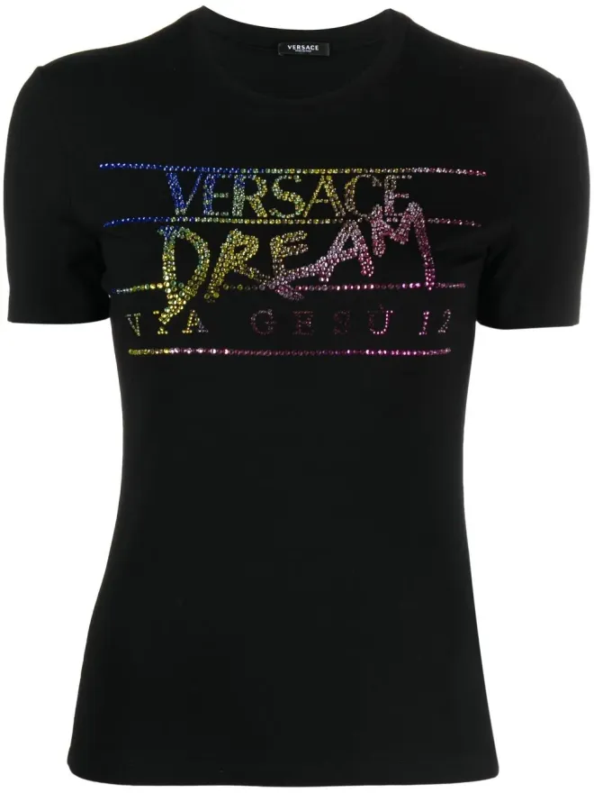 VERSACE Versace ラインストーン装飾スローガンTシャツ - ブラックの商品画像