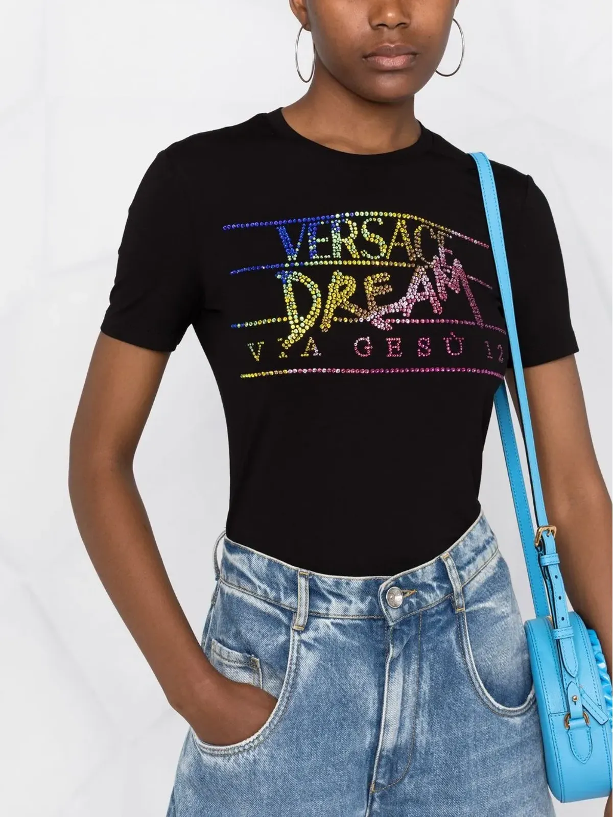 Versace ラインストーン装飾スローガンTシャツ - ブラック - 画像5