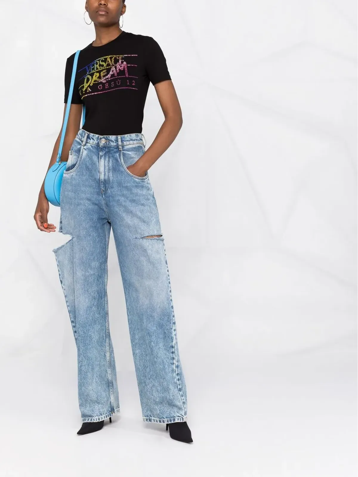 Versace ラインストーン装飾スローガンTシャツ - ブラック - 画像2