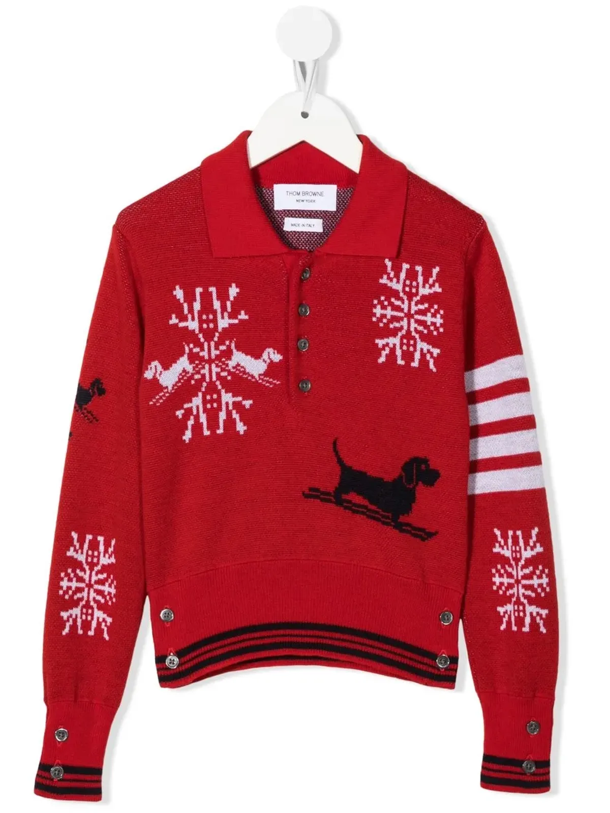 Thom Browne Kids ポロカラー付きインターシャ編みセーター（赤） - 画像1