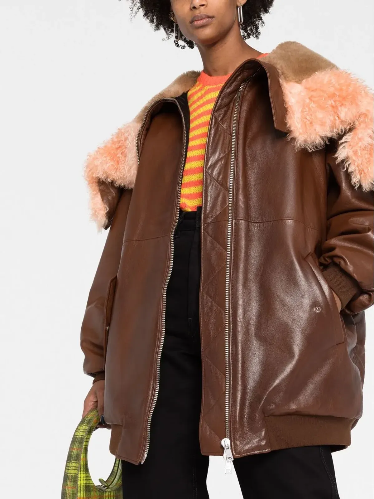 Prada シアーリングトリム ZIPアップ レザー ジャケット - 画像5