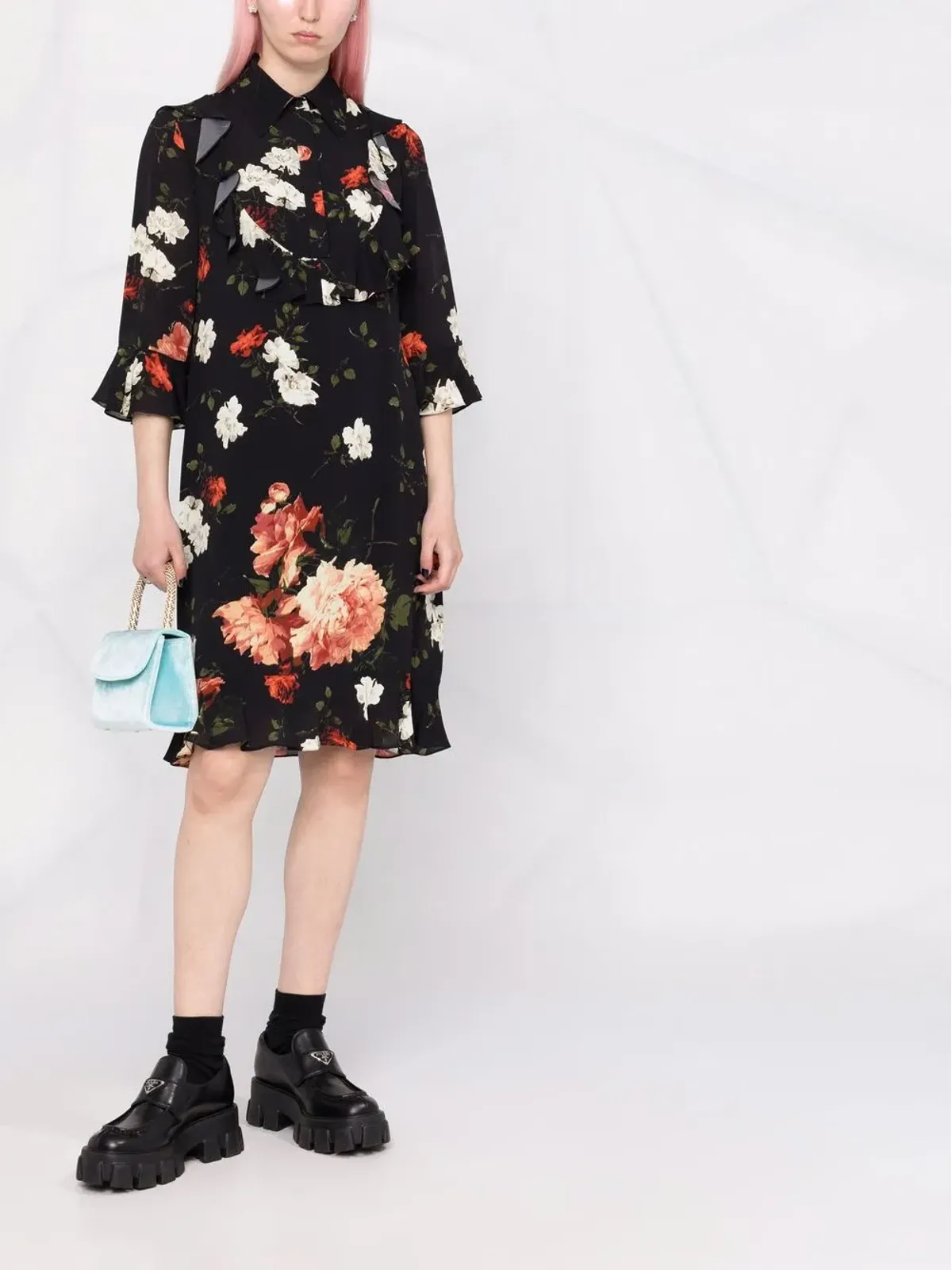 ERDEM ベル フローラルプリント シャツドレス ブラック - 画像2