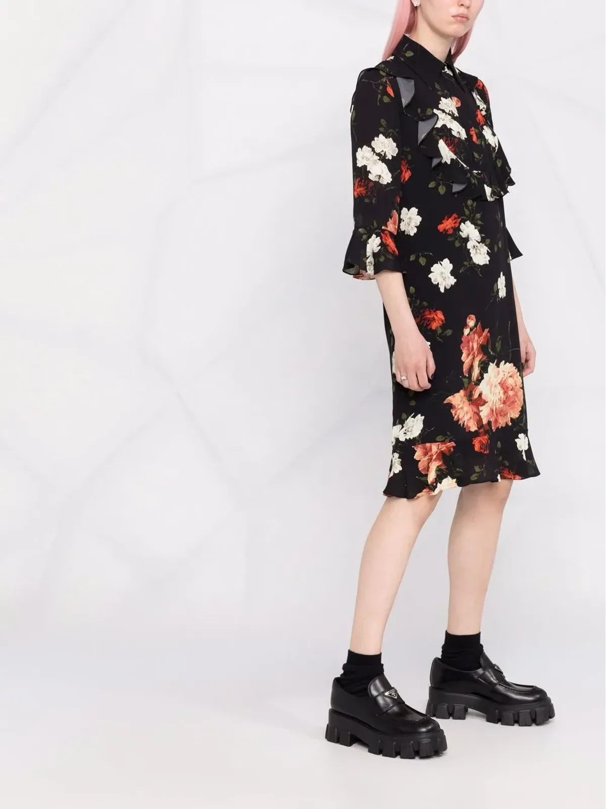 ERDEM ベル フローラルプリント シャツドレス ブラック - 画像4