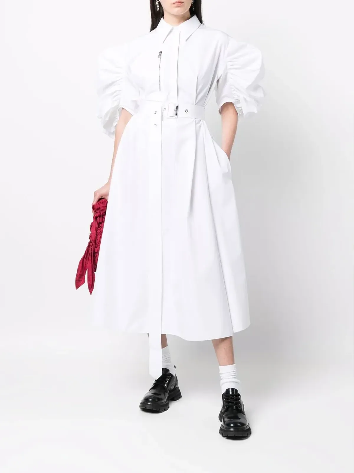 Alexander McQueen パフスリーブ ベルト付き コットン シャツドレス - 画像2