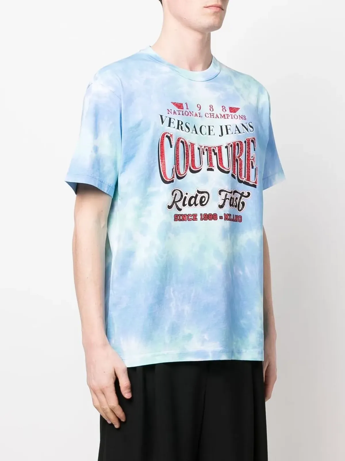 Versace Jeans Couture タイダイ柄スローガンプリントTシャツ ブルー - 画像3